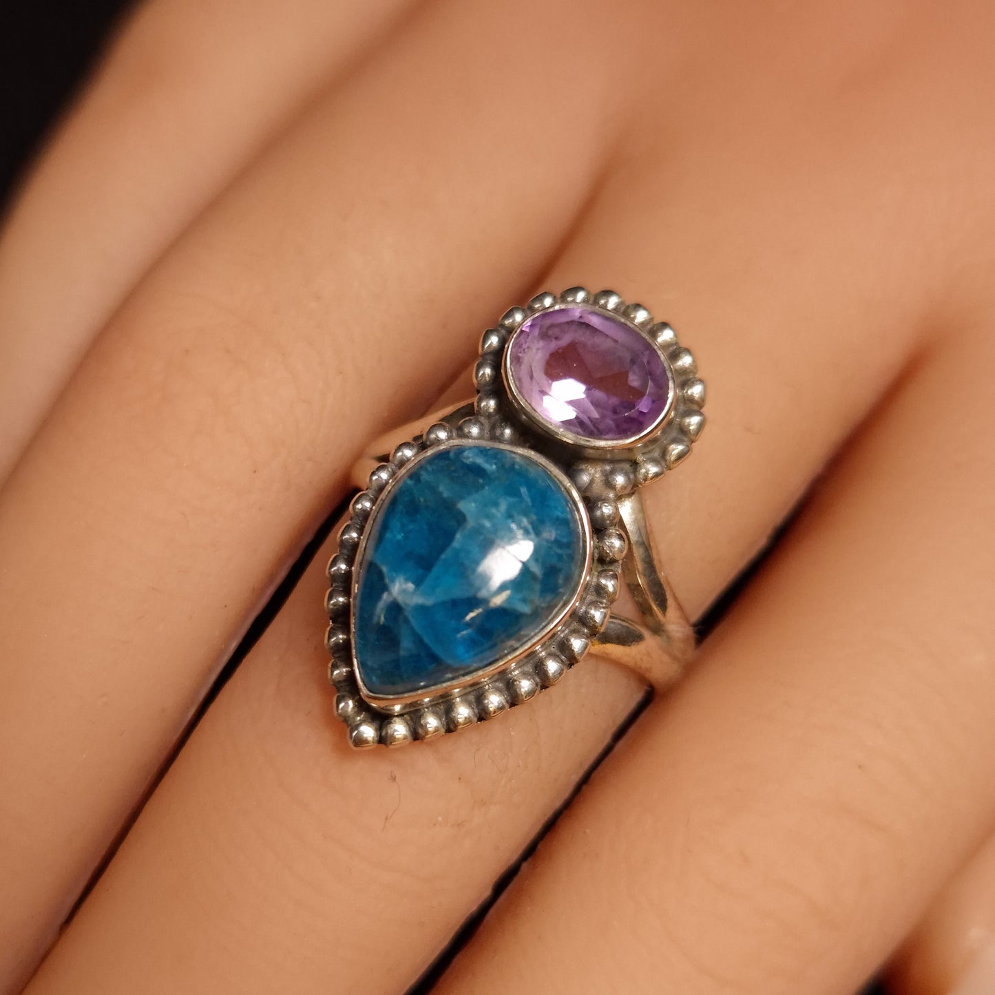 Blue Apatite & Amethyst Ring