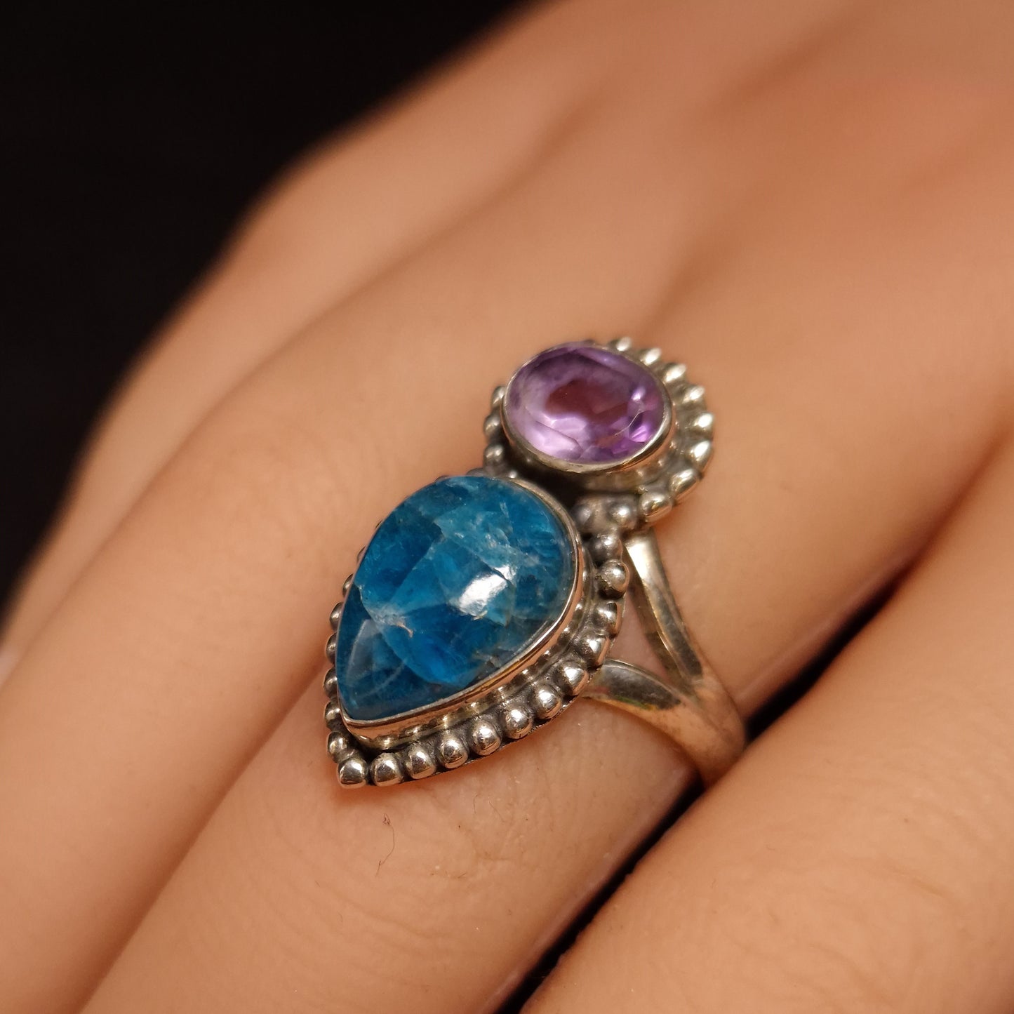Blue Apatite & Amethyst Ring