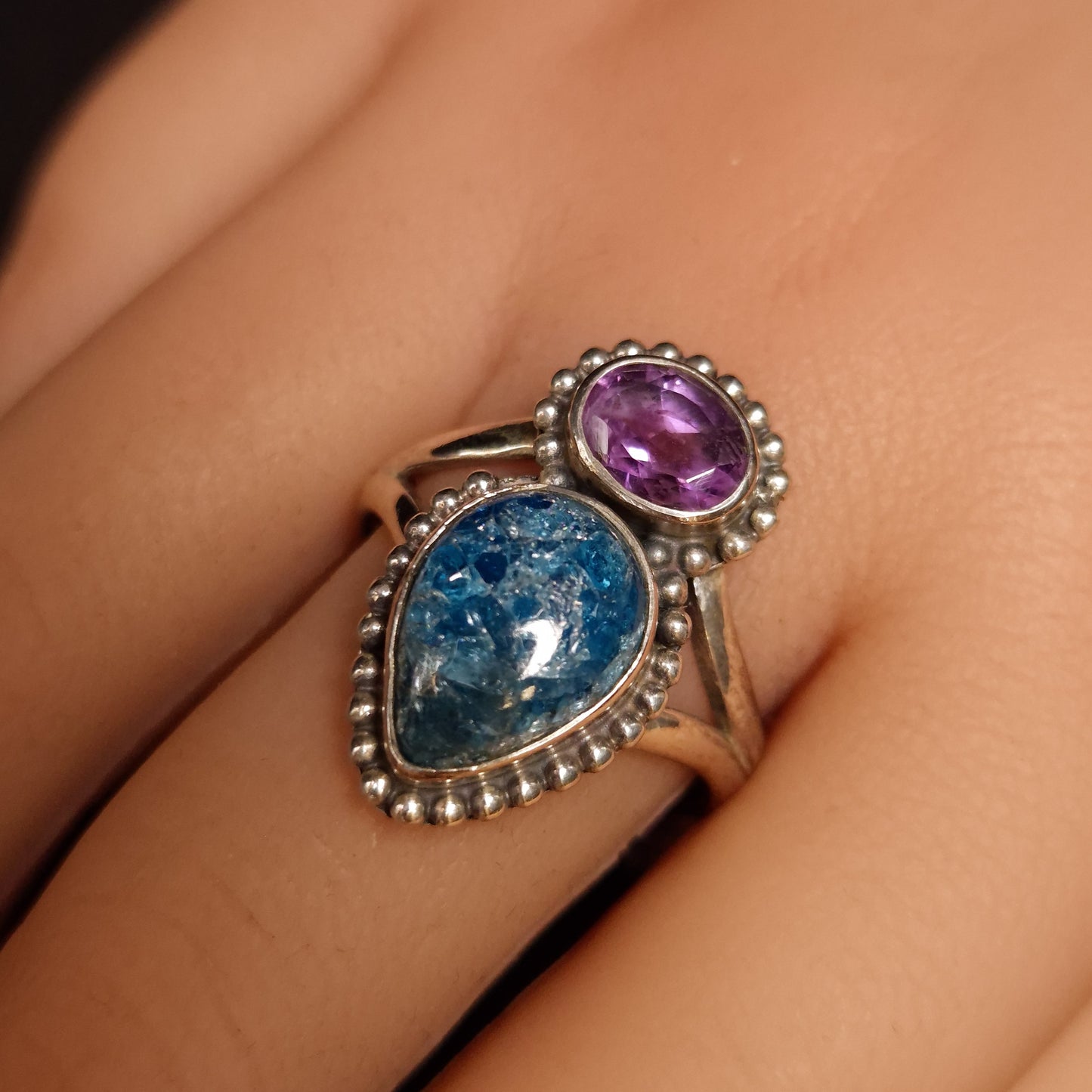Blue Apatite & Amethyst Ring
