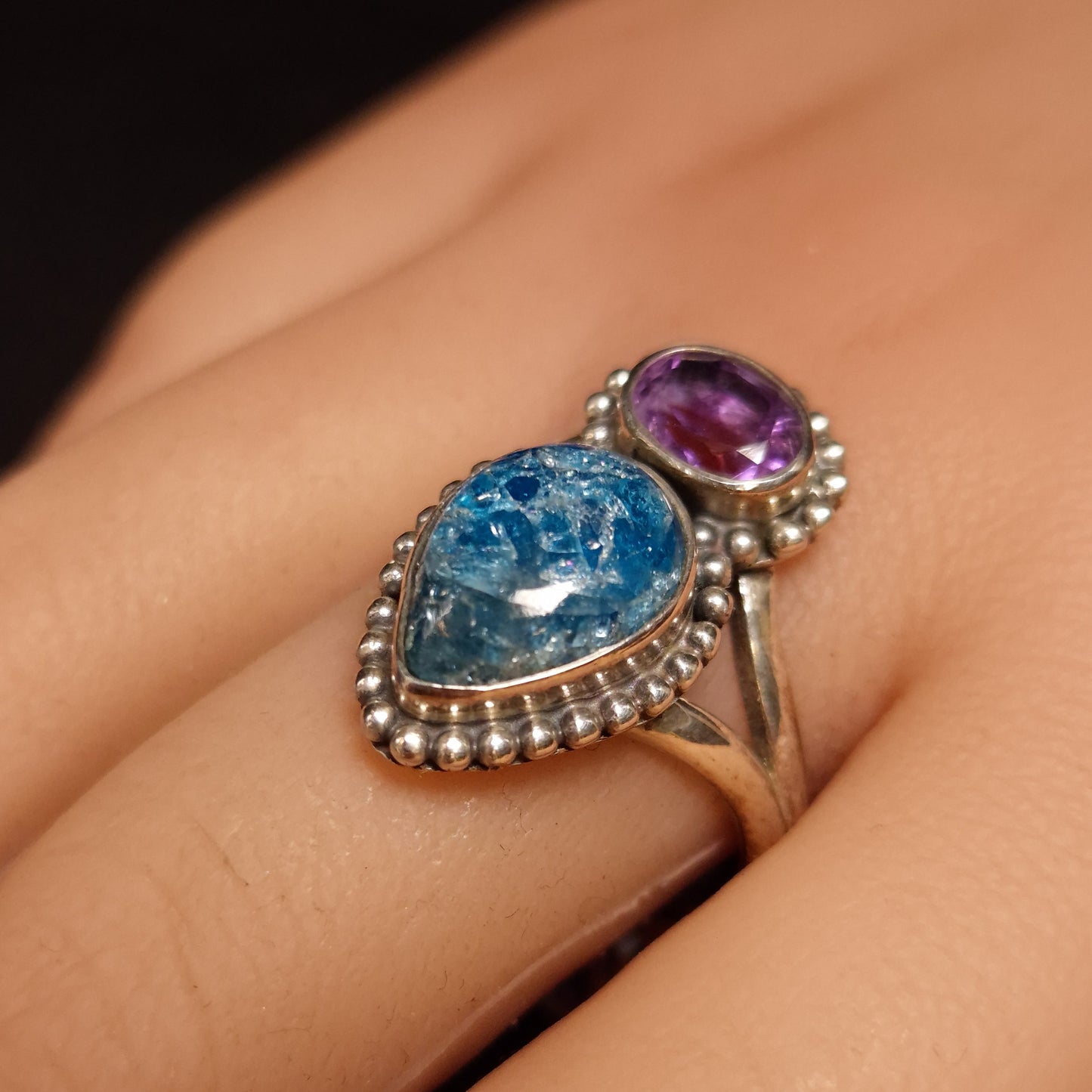 Blue Apatite & Amethyst Ring
