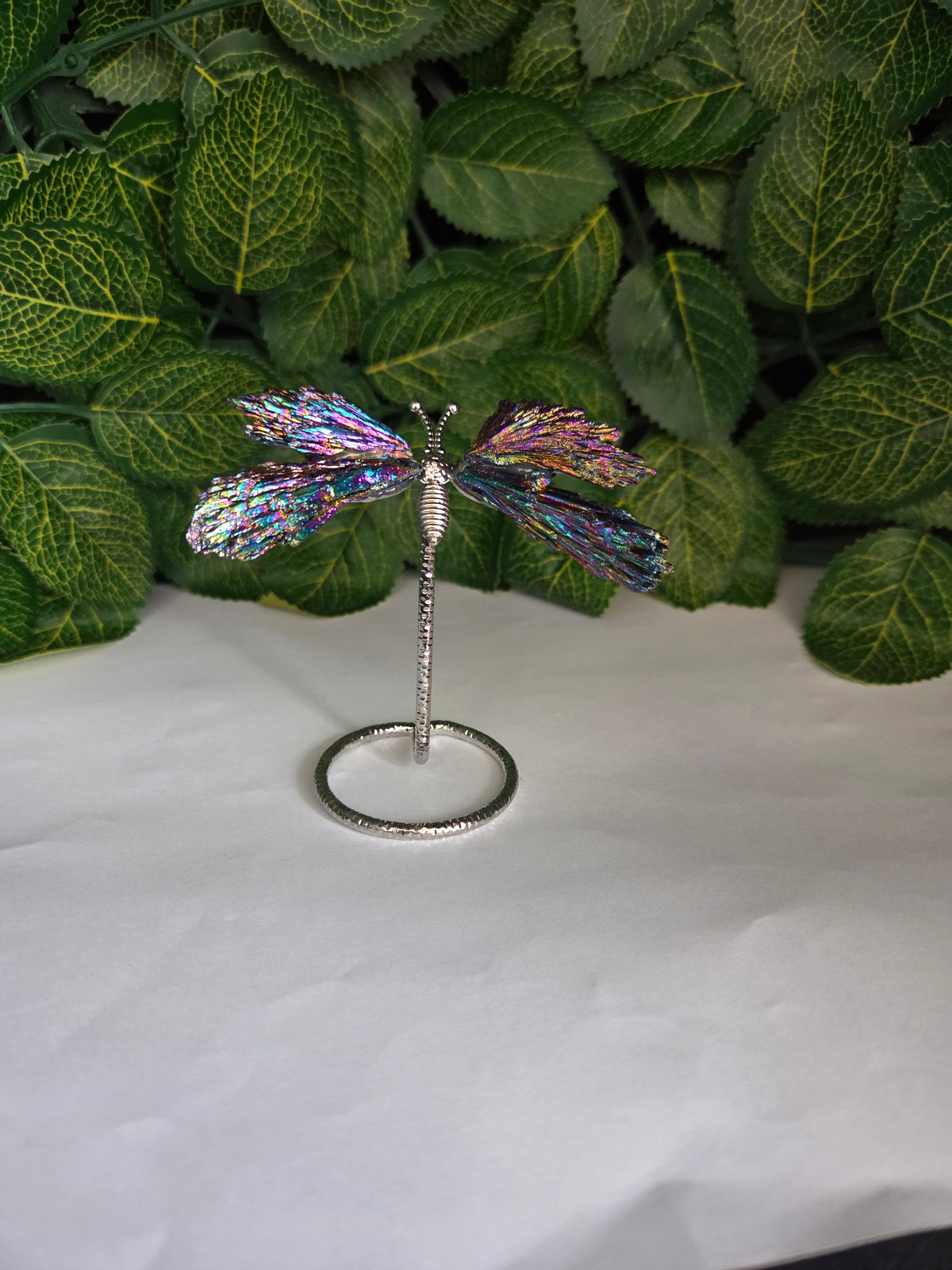 TITANIUM AURA KYANITE BUTTERFLY ON METAL STAND