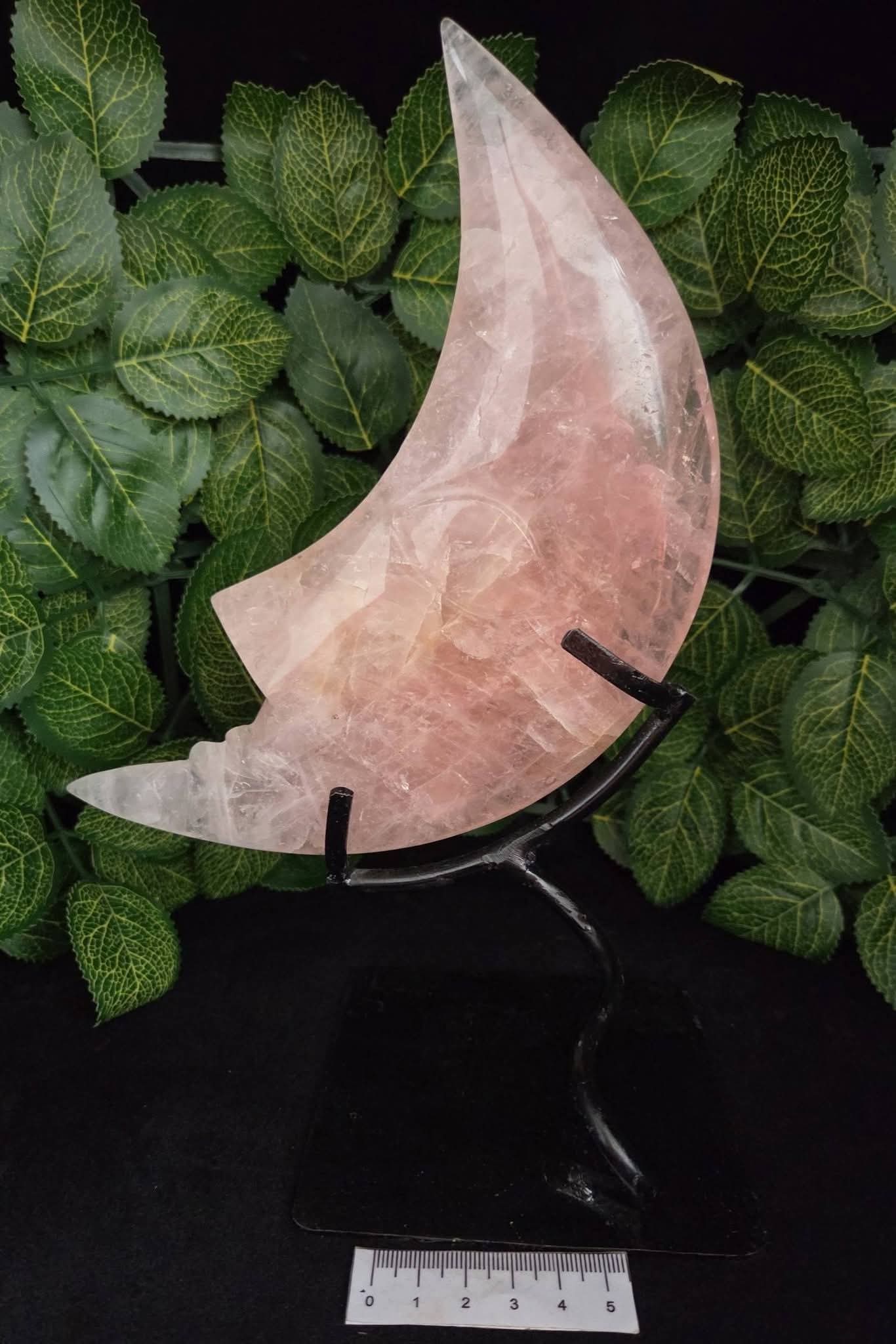 ROSE QUARTZ MOON ON METAL STAND