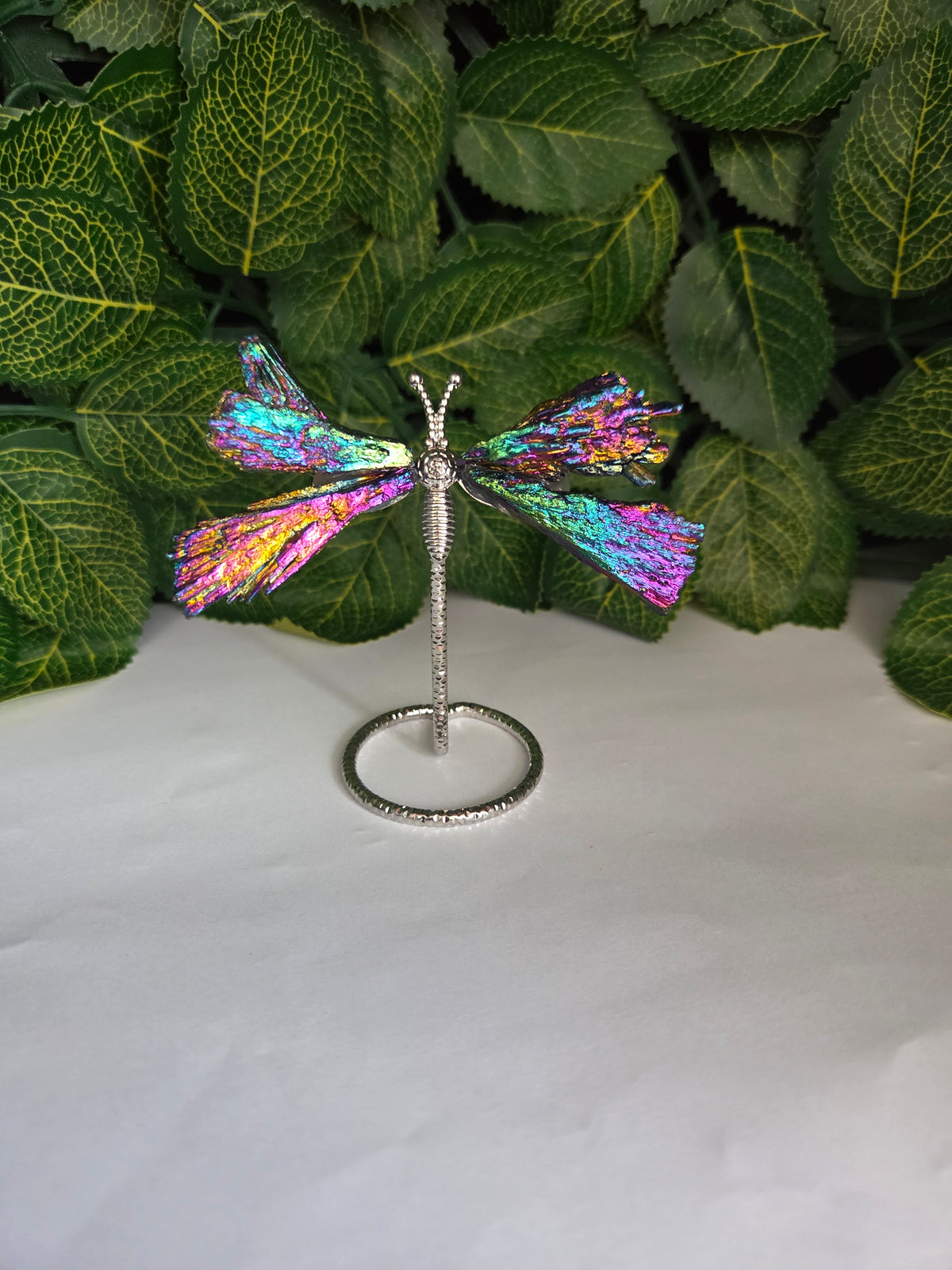 TITANIUM AURA KYANITE BUTTERFLY ON METAL STAND