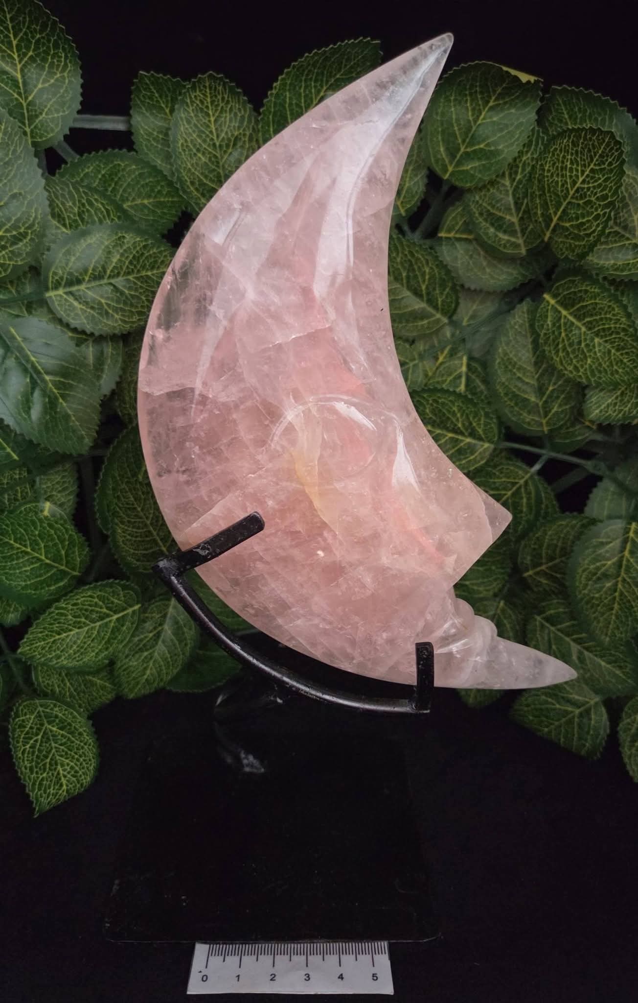ROSE QUARTZ MOON ON METAL STAND