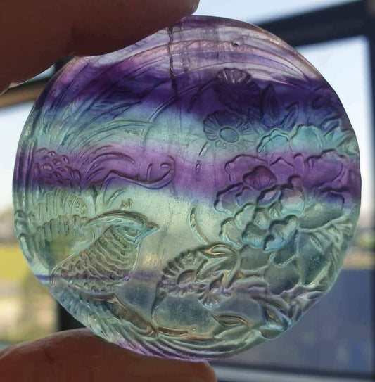 FLUORITE CARVED BIRD ON DISC