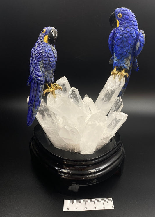 Lapis Lazuli Macaws on Quartz Cluster with wooden Stand