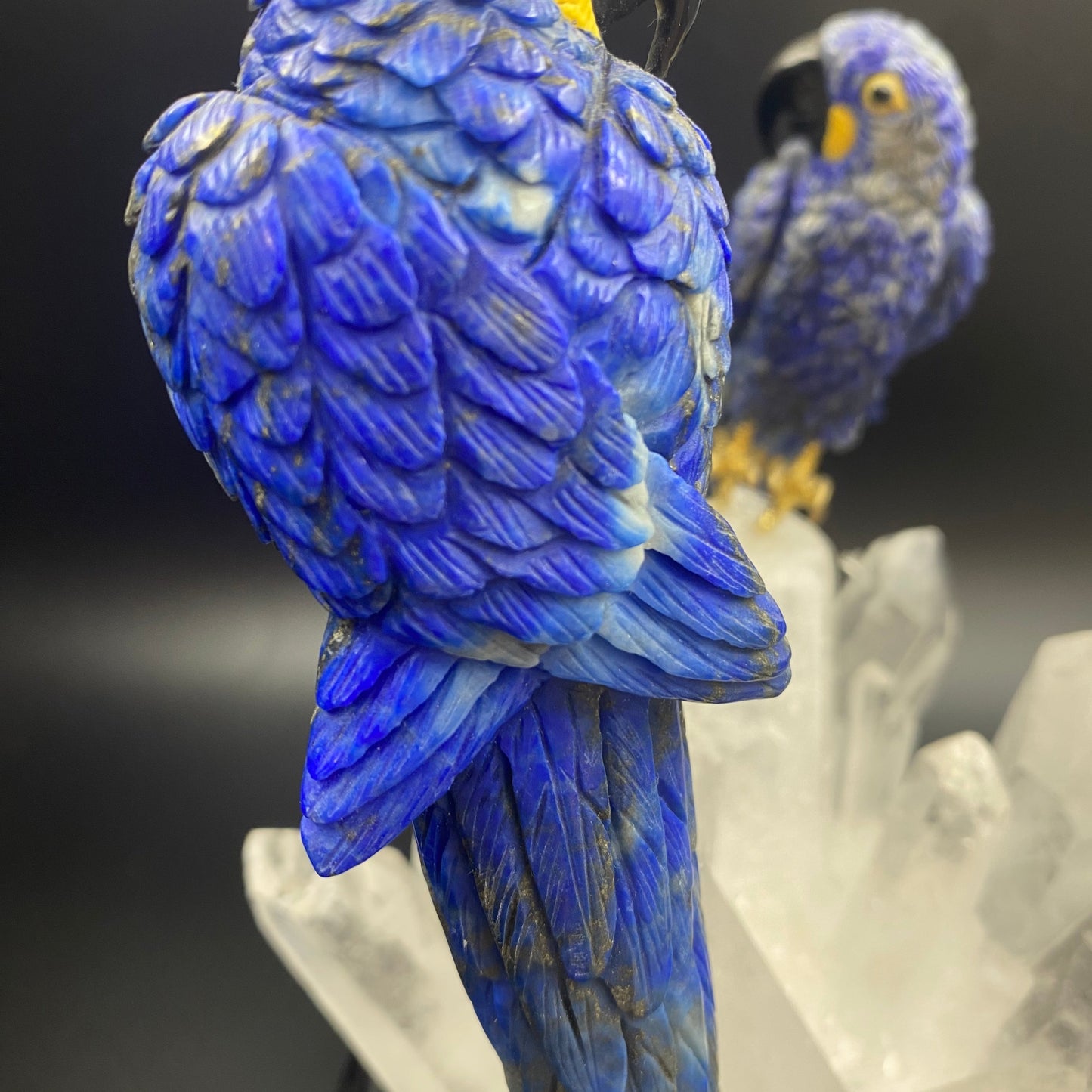 Lapis Lazuli Macaws on Quartz Cluster with wooden Stand